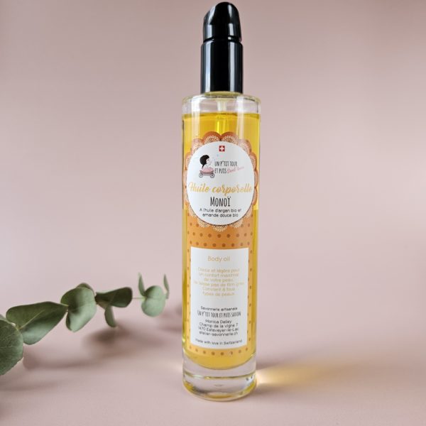Huile corporelle artisanale au parfum Monoï - soin nourrissant aux huiles bio d'amande douce, argent et noyaux d'abricot
