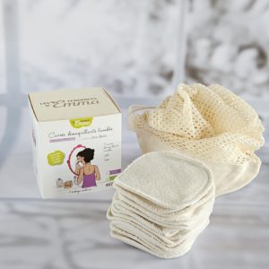 Lingettes démaquillantes lavables coton bio ou eucalyptus avec filet et boîte en bois