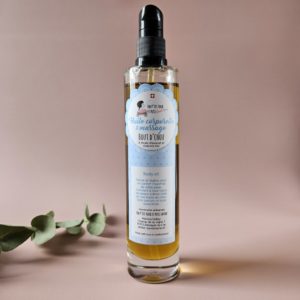 Flacon d’huile corporelle et de massage Bout d’Chou aux huiles bio d’avocat, chanvre, bourrache et abricot, sans parfum
