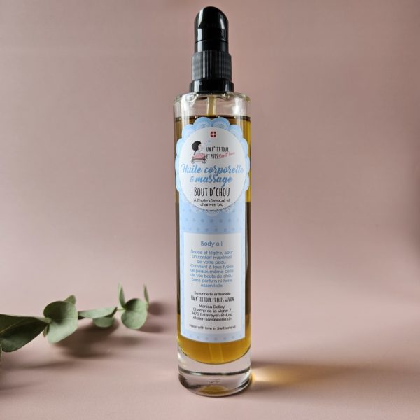 Flacon d’huile corporelle et de massage Bout d’Chou aux huiles bio d’avocat, chanvre, bourrache et abricot, sans parfum