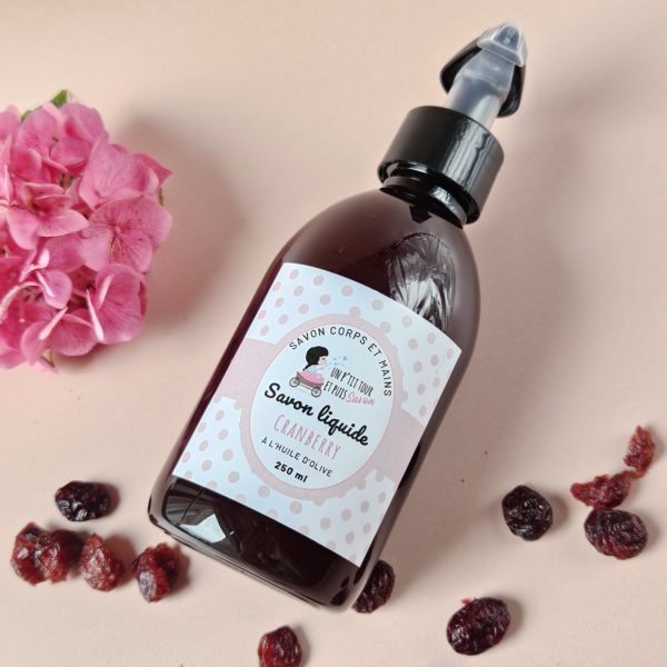Flacon savon liquide artisanal à la cranberry - huile d'olive et coco bio.