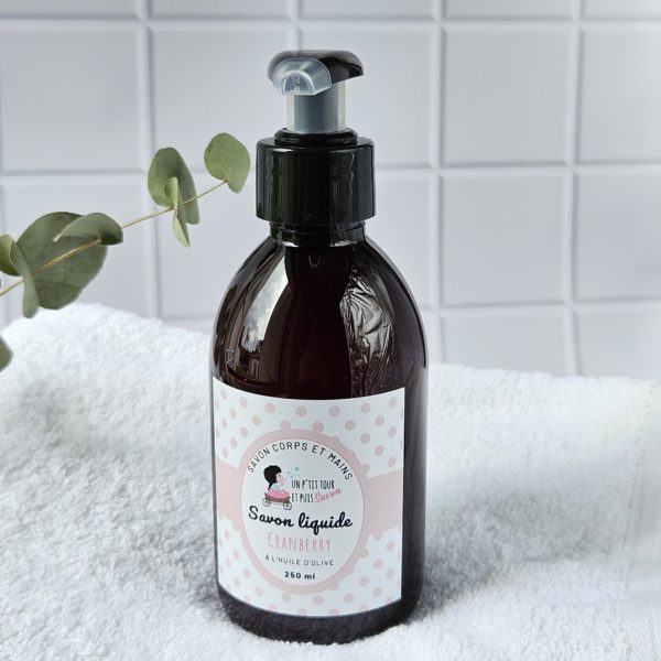 Flacon savon liquide artisanal à la cranberry - huile d'olive et coco bio.